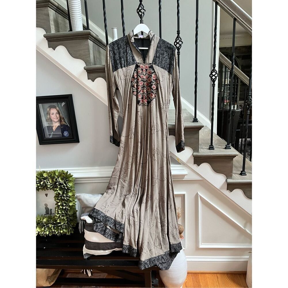Gray Heavily Embroidered Gypsy Boho Asymmetrical Hem High Neck Maxi Dress L